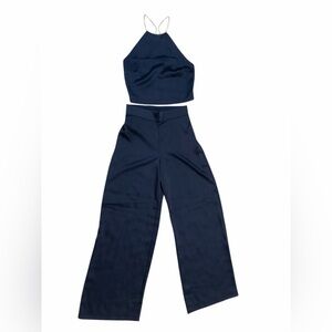 Rachel Zoe Navy Rhinestone Halter Crop Top Wide Leg Pants Two Piece Set